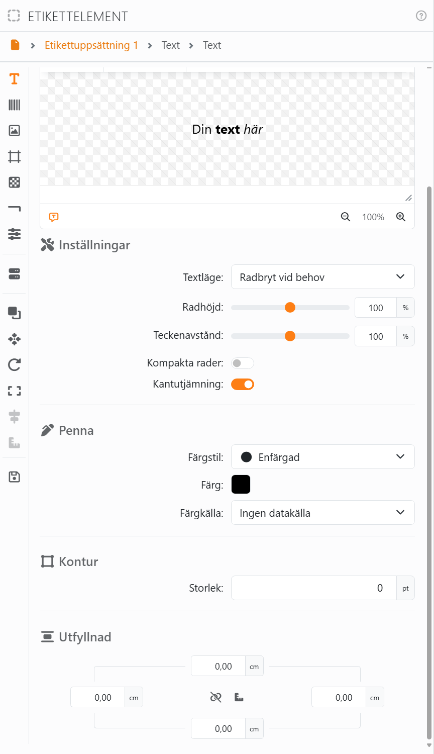 Sektionen Text under redigeraren: Inställningar, med Textläge
Radbryt vid behov, Radhöjd och Teckenavstånd på 100 %, Kompakta rader av och Kantutjämning på; Penna, med Färgstil
Enfärgad och Färg svart; Kontur, med Storlek 0 pt; och Utfyllnad.