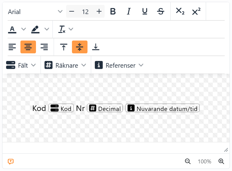 Textredigeraren med ordet Kod, en fältplatshållare Kod, ordet
Nr, en räknarplatshållare Decimal och en referensplatshållare Nuvarande datum/tid, var och en en liten prickad ruta
med sin ikon och sitt namn.