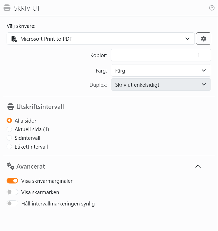 Panelen Skriv ut: Välj skrivare med Microsoft Print to PDF
och kugghjulet Inställningar för skrivare, Kopior, Färg och Duplex, sedan Utskriftsintervall med Alla sidor, Aktuell
sida, Sidintervall och Etikettintervall, och sektionen Avancerat öppen med Visa skrivarmarginaler, Visa skärmärken och
Håll intervallmarkeringen synlig.