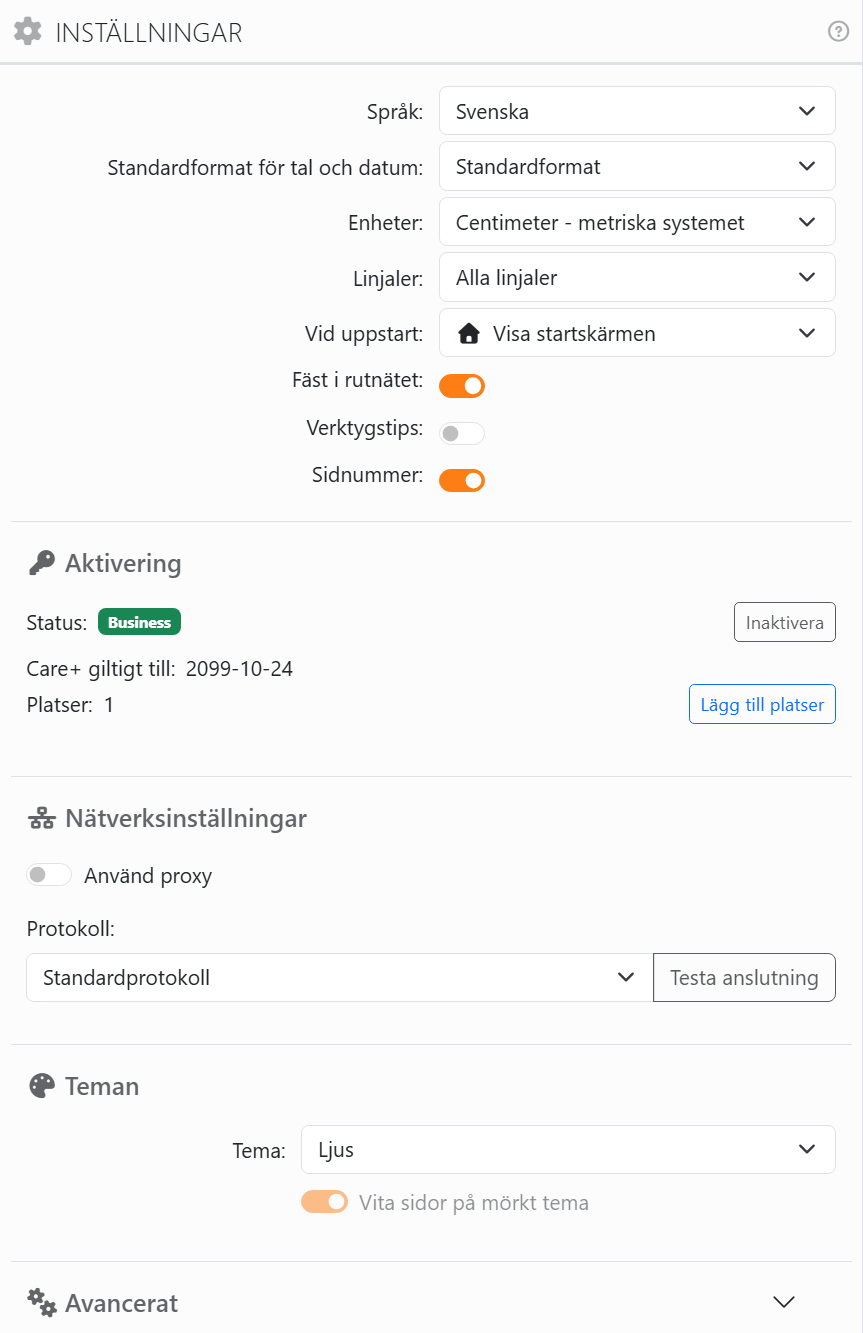 Panelen Inställningar: Språk Svenska, Standardformat för tal och
datum Standardformat, Enheter, Linjaler, Vid uppstart Visa startskärmen, reglagen Fäst i rutnätet, Verktygstips och Sidnummer,
sedan sektionerna Aktivering, Nätverksinställningar, Teman och, stängd, Avancerat.