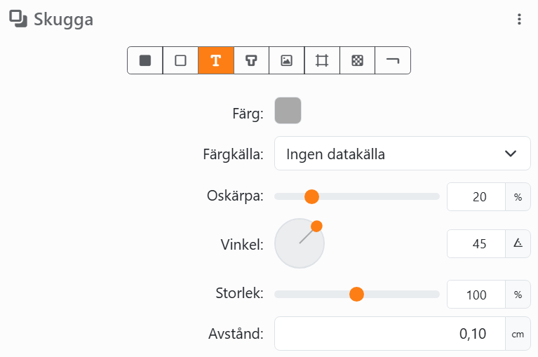 Skugga med Text vald bland de åtta knapparna, sedan Färg, Färgkälla,
Oskärpa 20 %, Vinkel med sin ratt, Storlek 100 % och Avstånd.