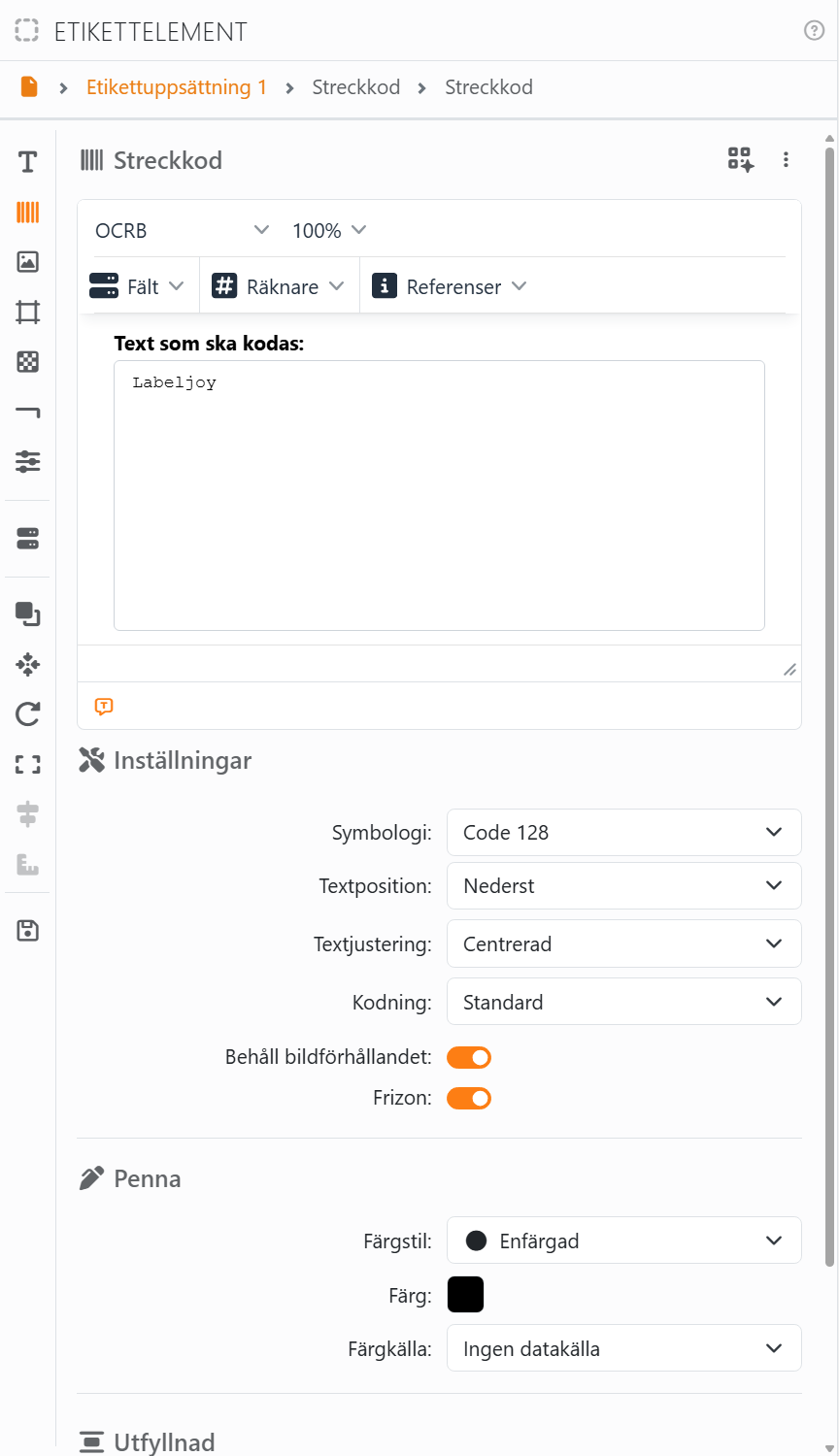 Verktygspanelen med panelen Etikettelement för en
streckkod: namnlisten, sökvägen Dokument, Etikettuppsättning 1, Streckkod, raden med sektionsikoner längs vänsterkanten och
sektionen Streckkod öppen.
