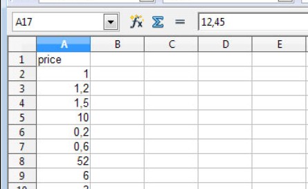 Dataset Excel with numbers