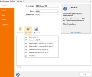 2) En este caso, se inserta una parte fija (00000) y una dinámica haciendo clic en el icono Contador. - Imgur