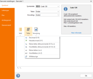 2) In dit geval zijn een vast deel (00000) en een dynamisch deel ingevoegd door op het pictogram Teller te klikken. - Imgur